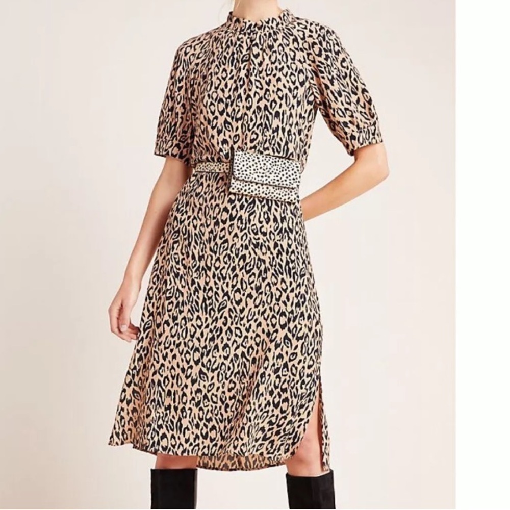 Anthropologie McKenzie Mock Neck Leopard Print Black & Tan Tunic Midi Dress XS